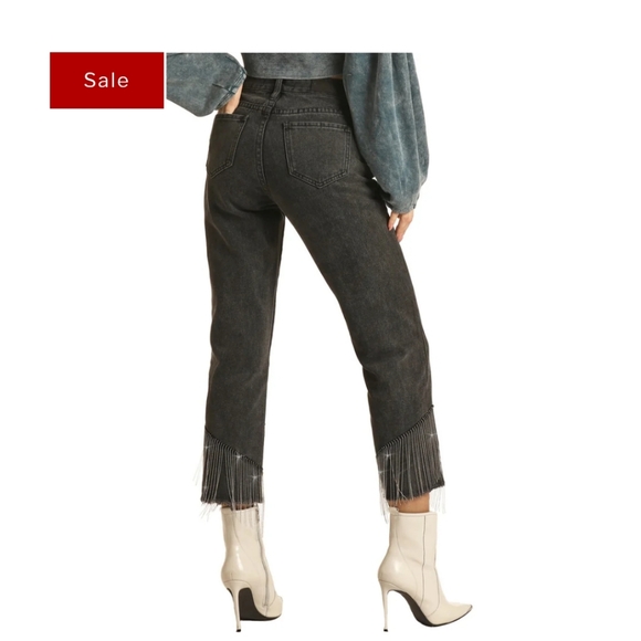 Rock & Roll Denim NWT Dark Wash High Rise Fringe Hem Cropped Straight Leg Wester - Picture 4 of 14
